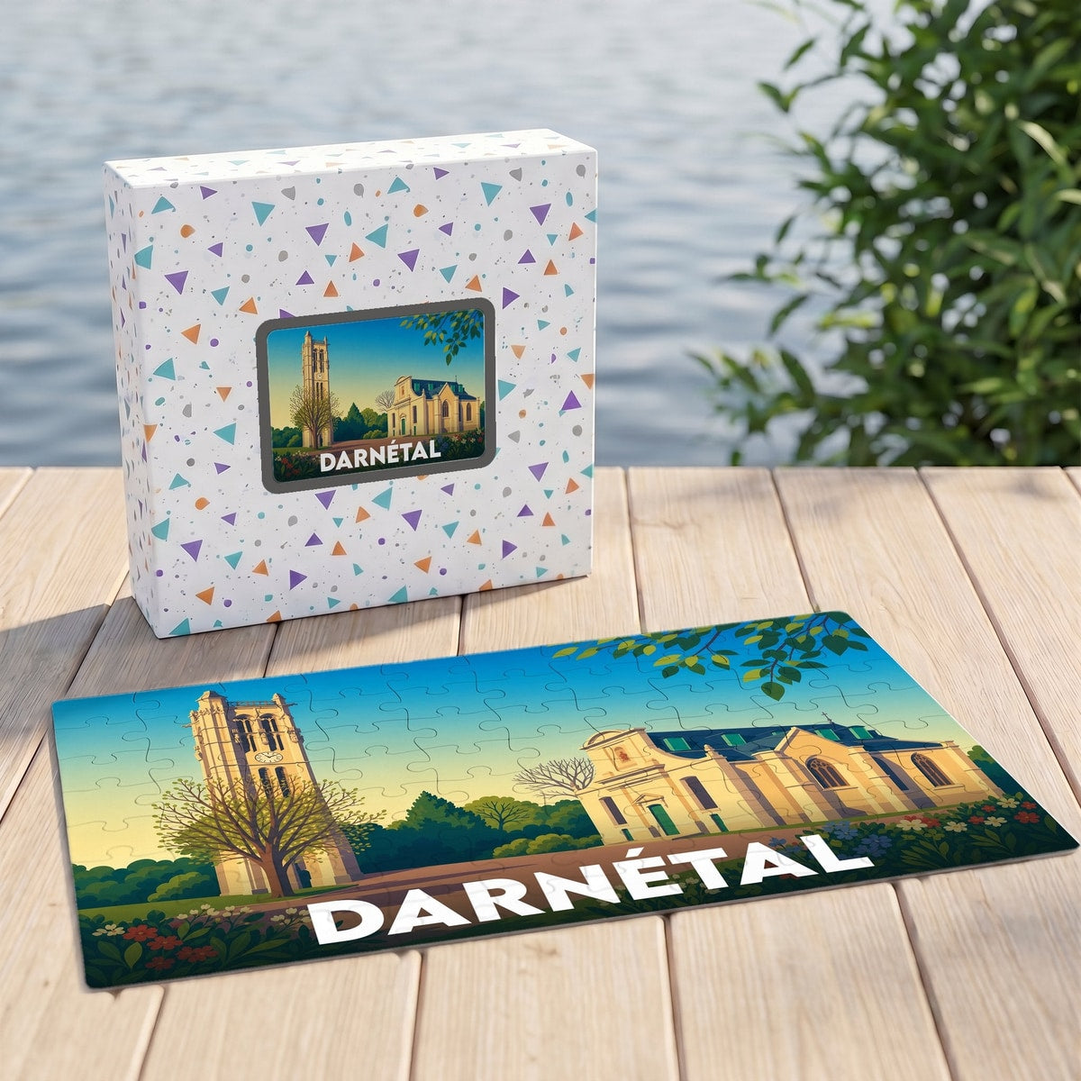 Puzzle souvenir de la ville de Darnétal avec une illustration stylisée de son patrimoine.