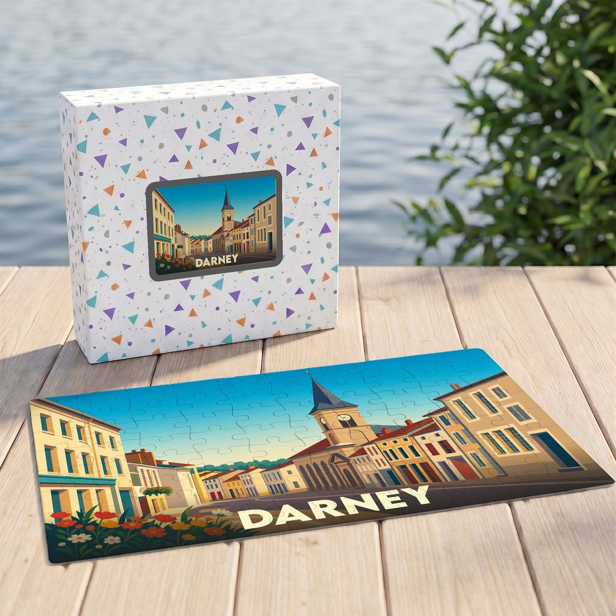 Puzzle souvenir de la ville de Darney avec une illustration stylisée de ses rues et de son clocher.
