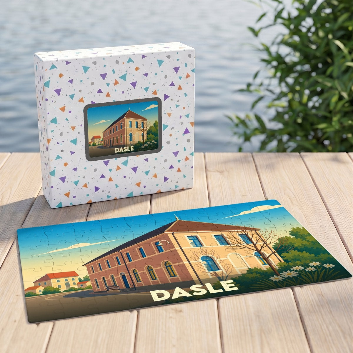 Puzzle souvenir de la ville de Dasle avec une illustration stylisée de son architecture.