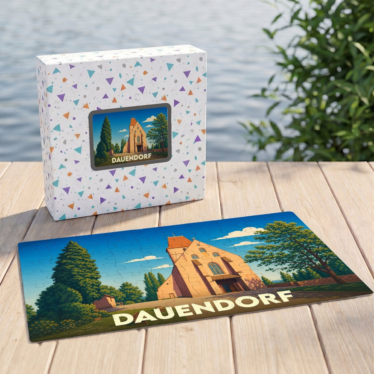 Puzzle souvenir de la ville de Dauendorf avec une illustration stylisée de son église.