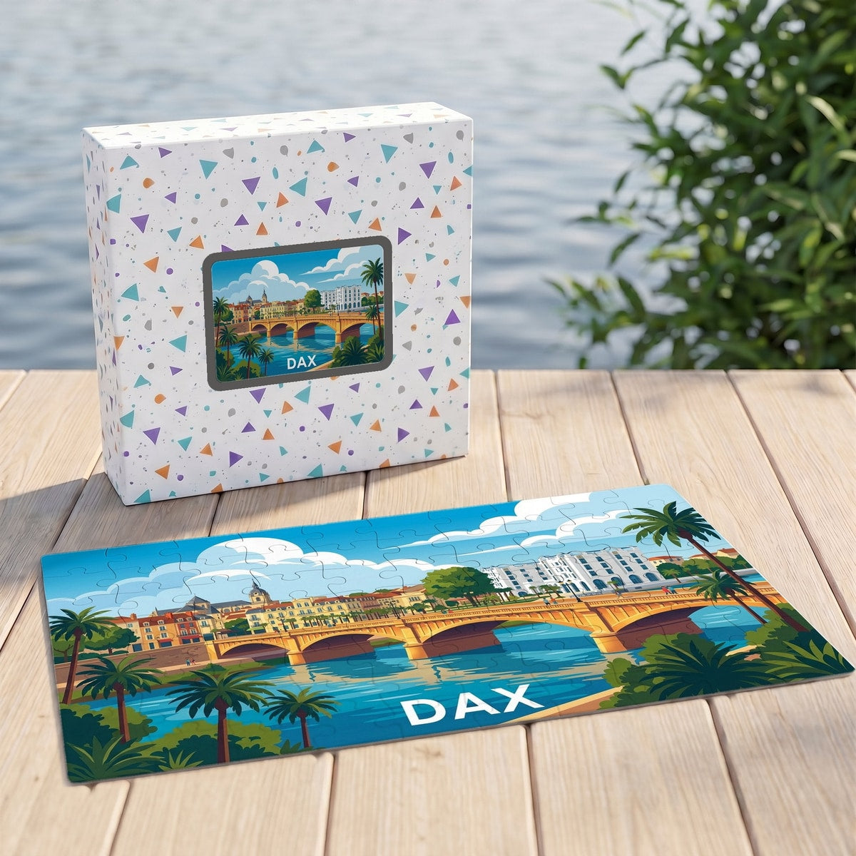 Puzzle souvenir de la ville de Dax avec une illustration colorée d'un pont traversant l'Adour.