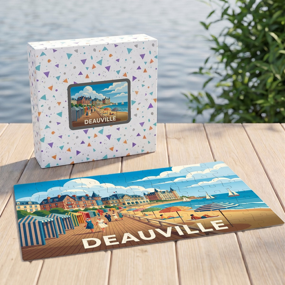 Puzzle souvenir de la ville de Deauville représentant une illustration stylisée de sa plage et de ses planches.
