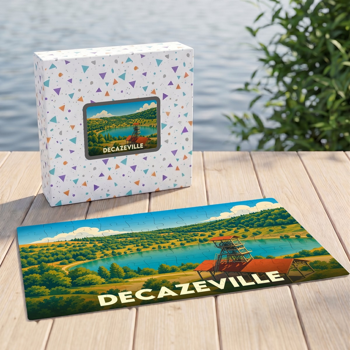 Puzzle souvenir de la ville de Decazeville représentant un paysage lacustre et industriel stylisé.