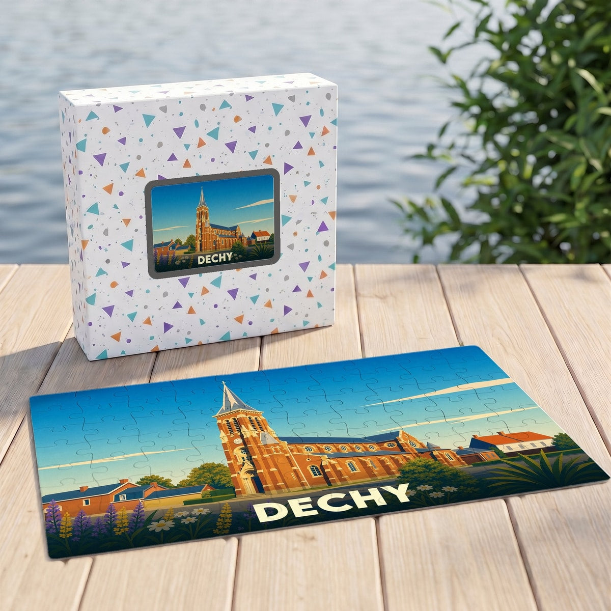 Puzzle souvenir de la ville de Dechy avec une illustration stylisée de son église.