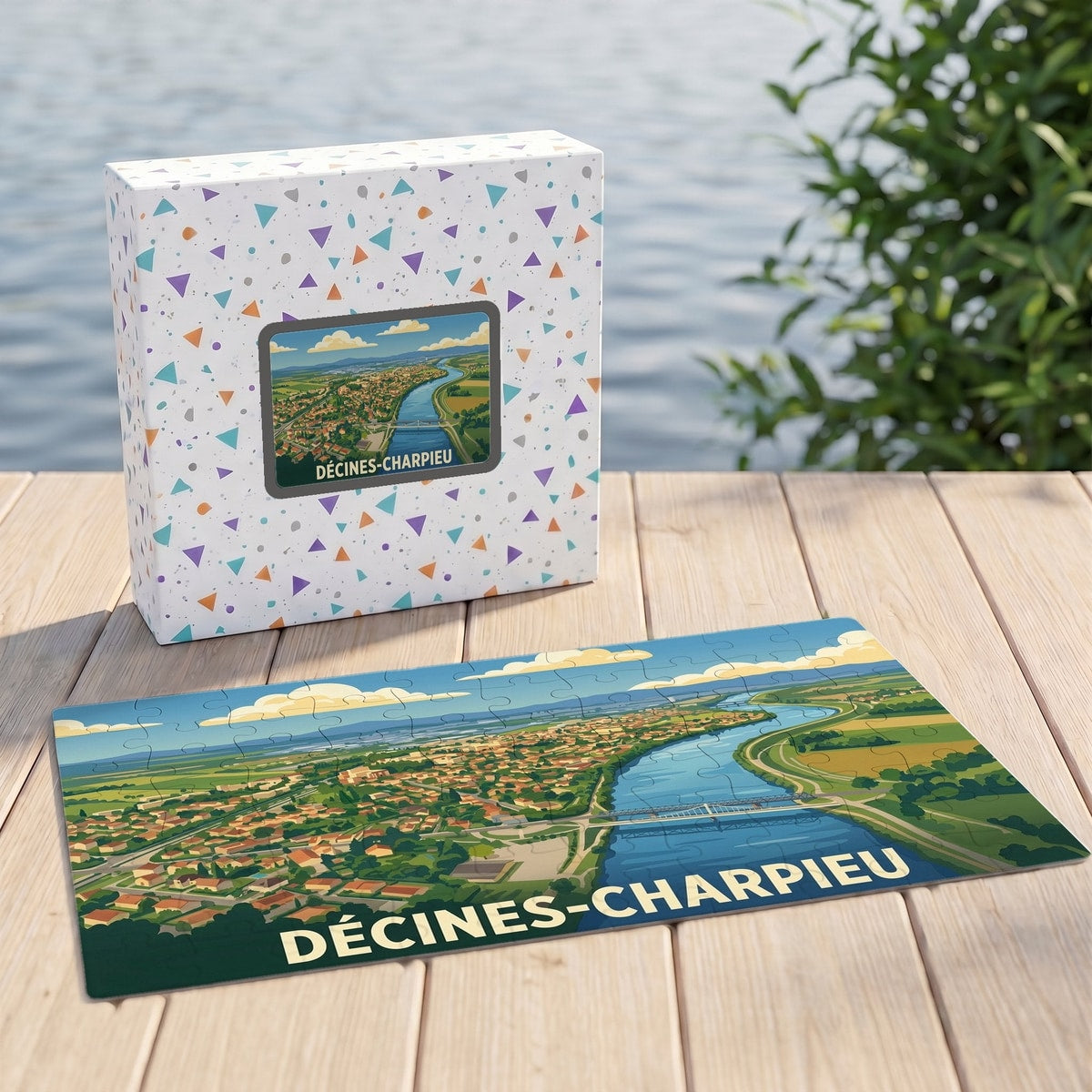 Puzzle souvenir de la ville de Décines-Charpieu avec une illustration panoramique stylisée.