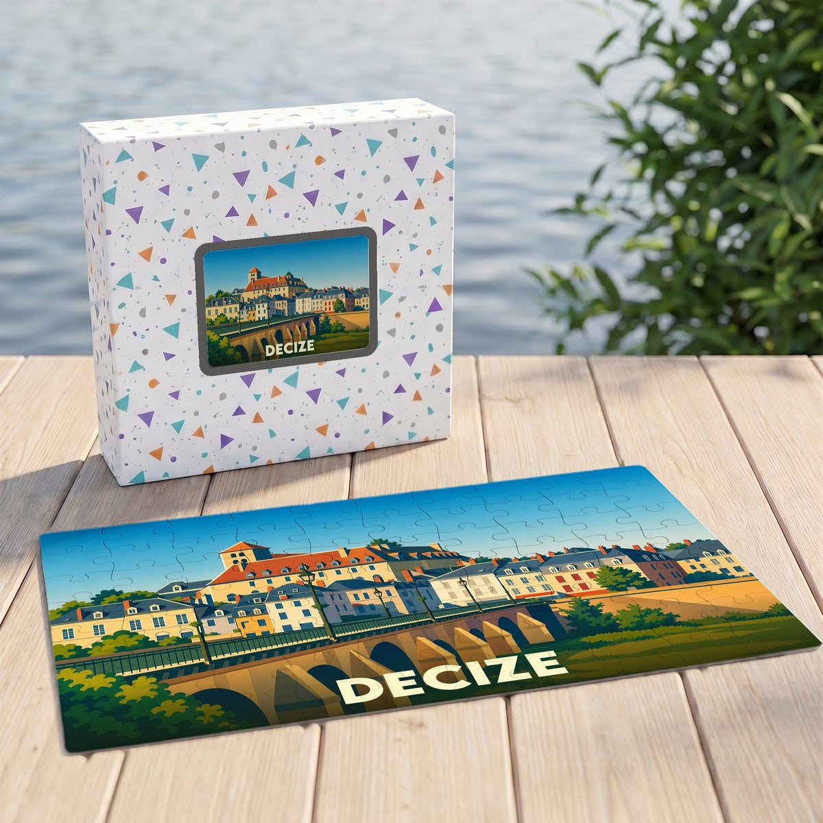 Puzzle souvenir de la ville de Decize avec une illustration stylisée d'un pont et de bâtiments historiques.