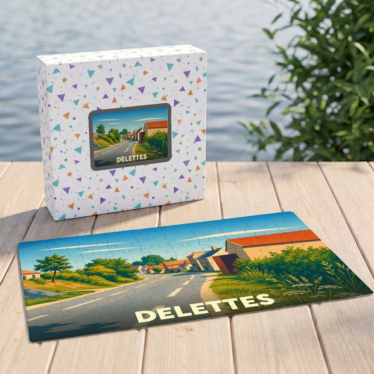 Puzzle souvenir de la ville de Delettes avec une illustration stylisée de ses rues et paysages.