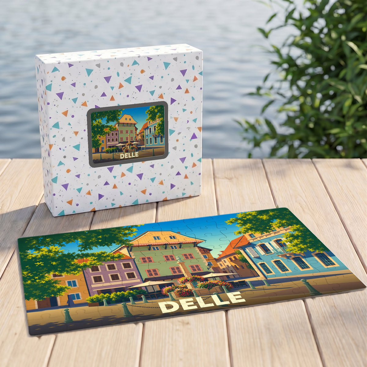 Puzzle souvenir de la ville de Delle avec une illustration colorée de ses bâtiments historiques.