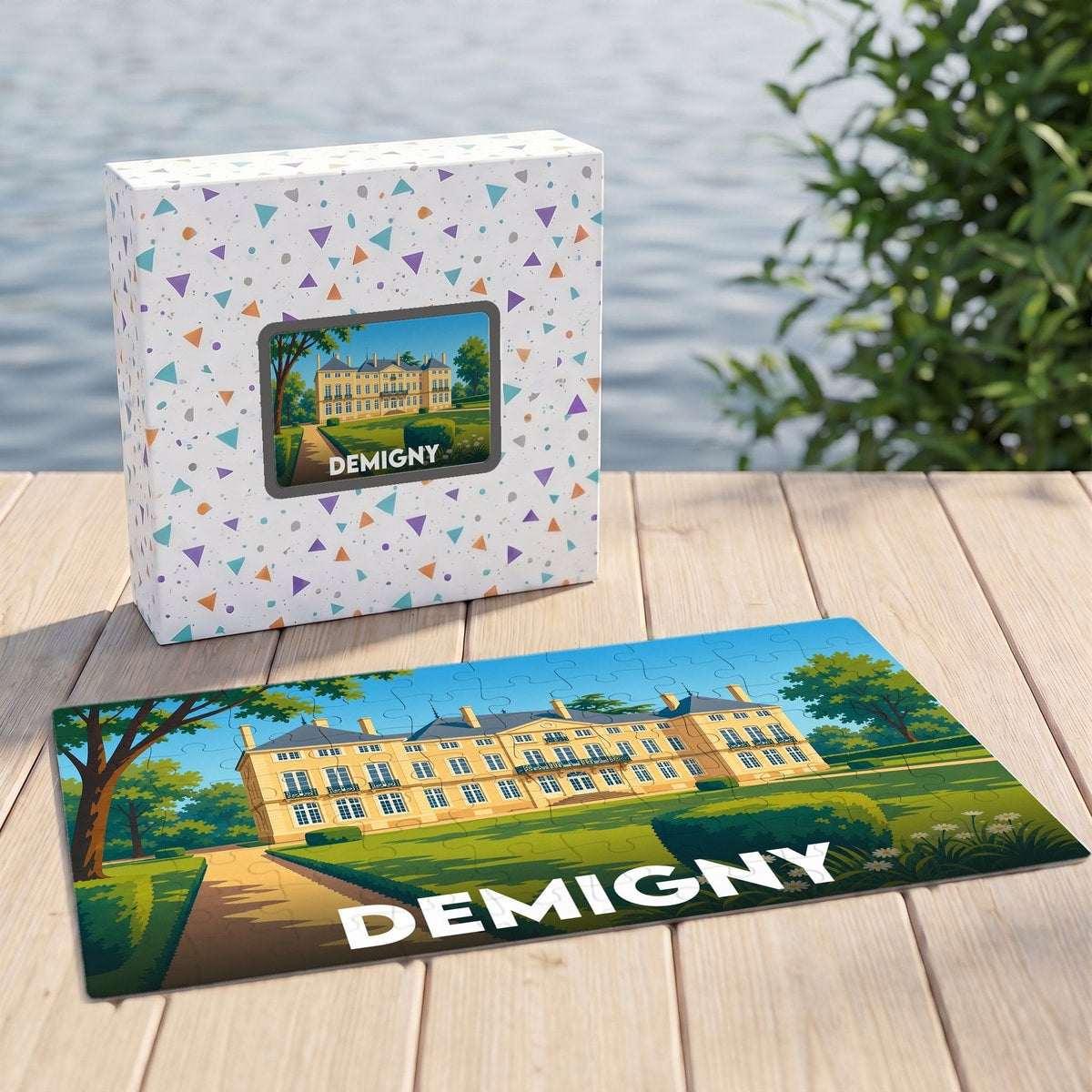 Puzzle souvenir de la ville de Demigny avec une illustration stylisée d'un château.