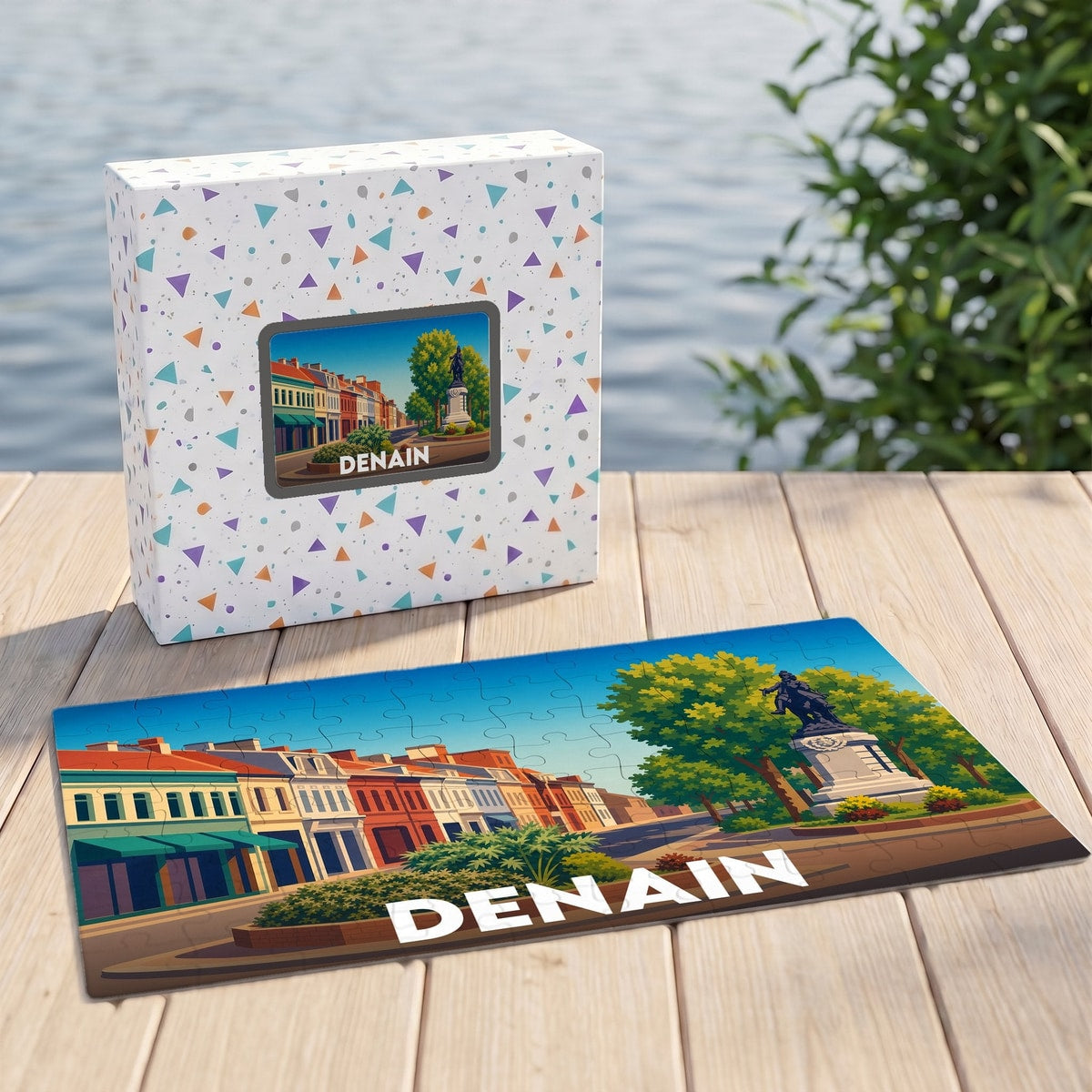 Puzzle souvenir de la ville de Denain présentant une illustration stylisée d'une place historique.