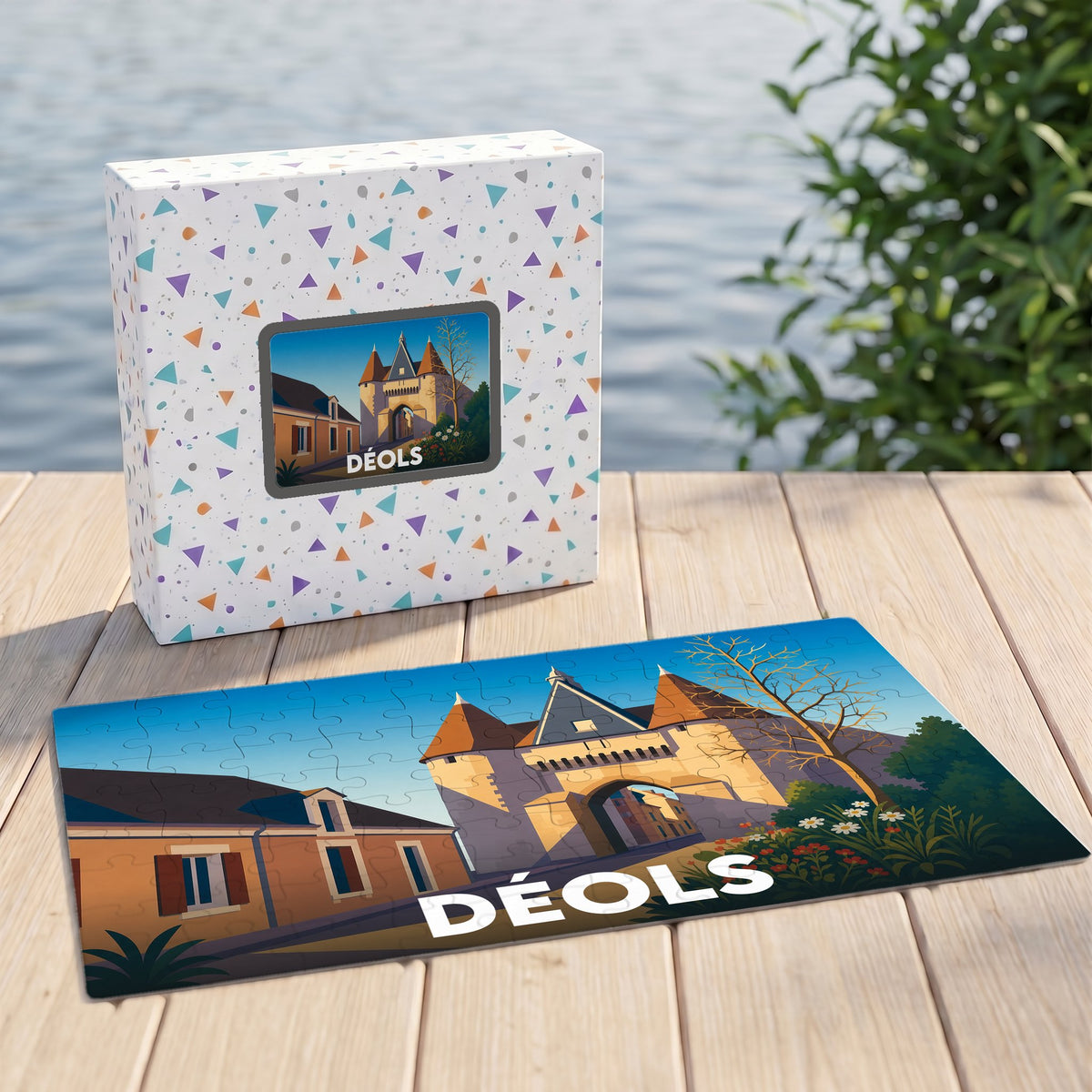 Puzzle souvenir de la ville de Déols avec une illustration stylisée de sa porte monumentale.
