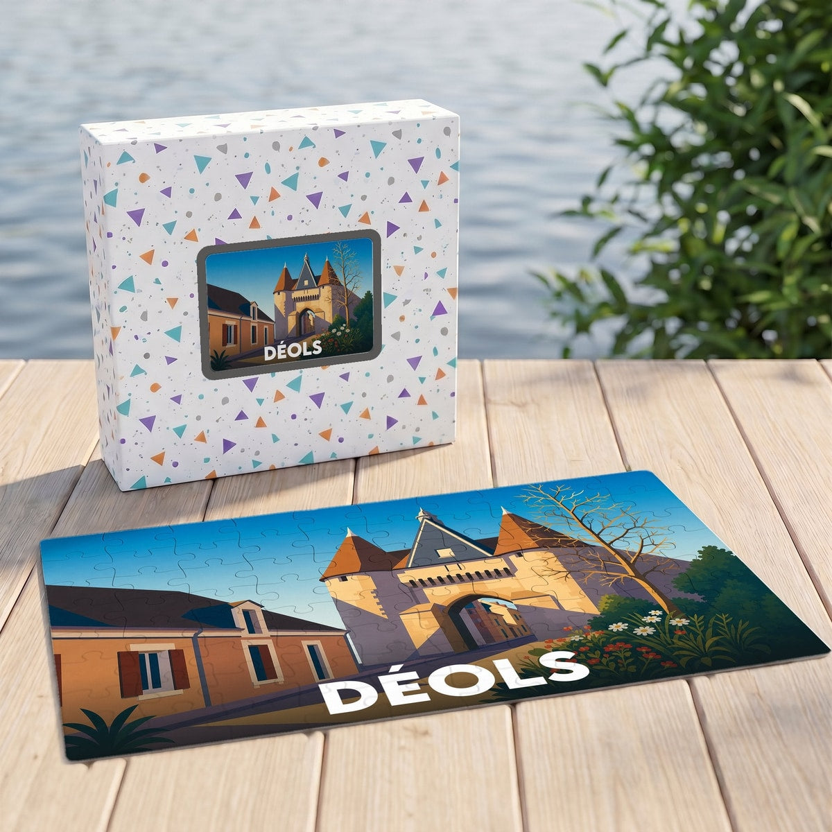 Puzzle souvenir de la ville de Déols avec une illustration stylisée de sa porte monumentale.