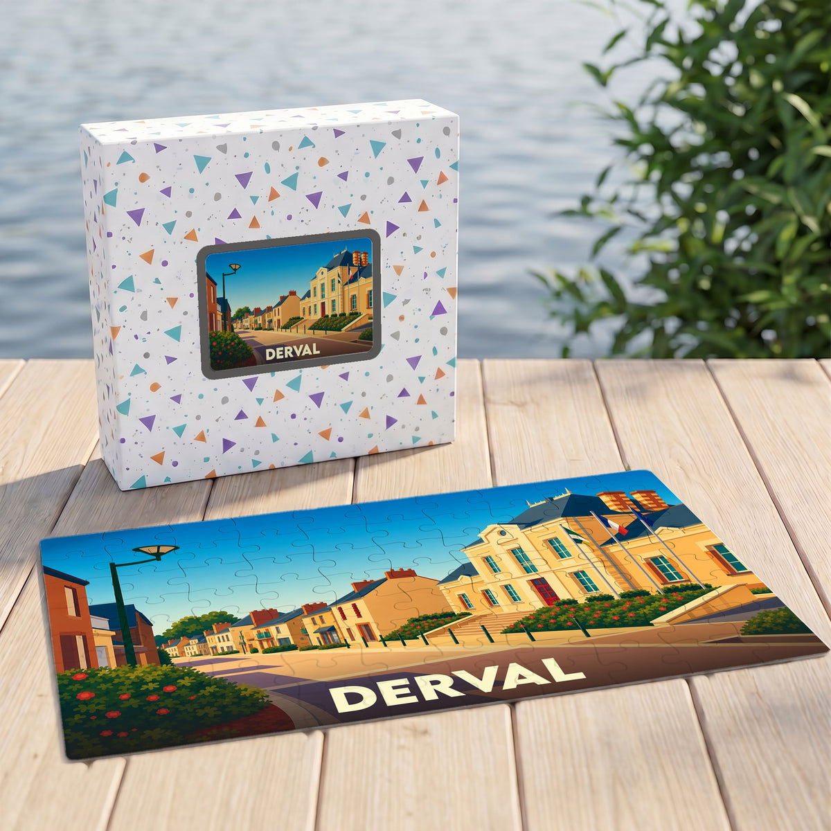 Puzzle souvenir de la ville de Derval avec une illustration colorée et stylisée.