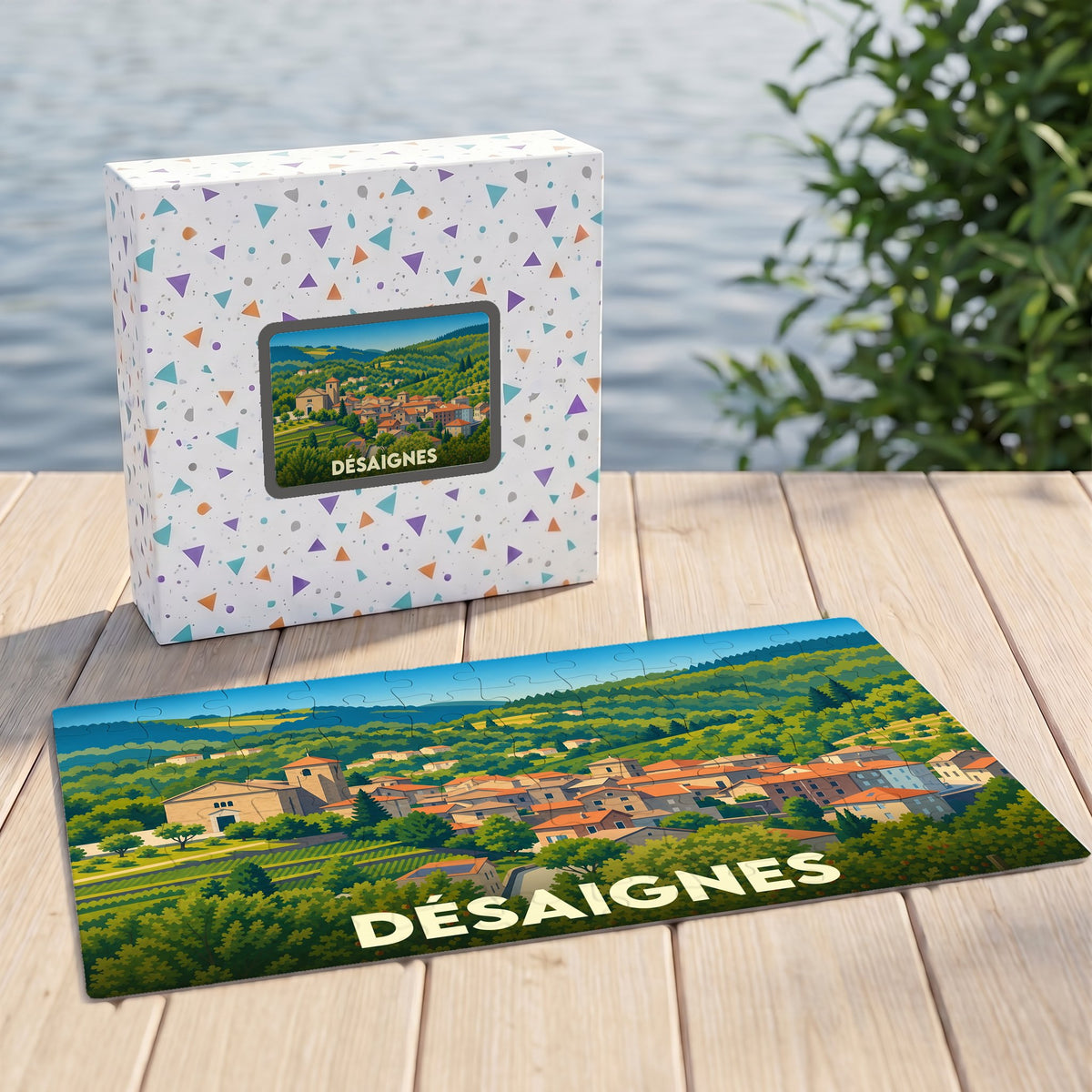 Puzzle souvenir de la ville de Désaignes avec une illustration paysagère stylisée.