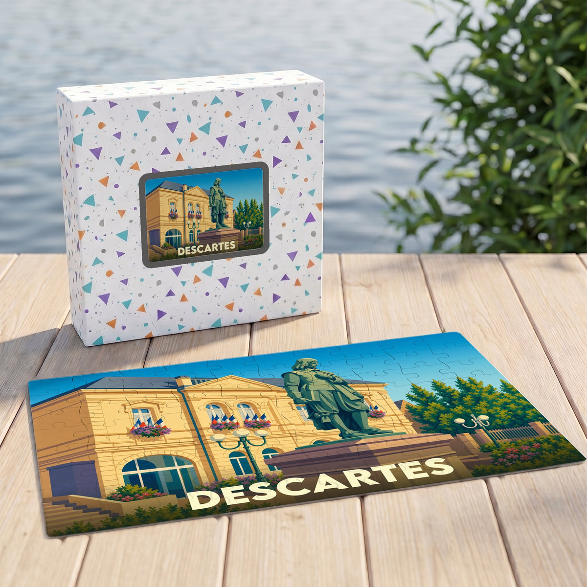 Puzzle souvenir de la ville de Descartes avec une illustration stylisée de sa place principale.