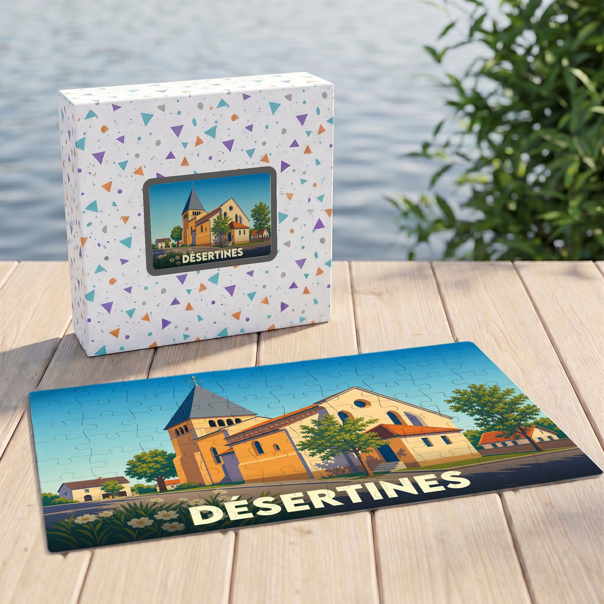 Puzzle souvenir de la ville de Désertines avec une illustration stylisée de son église.