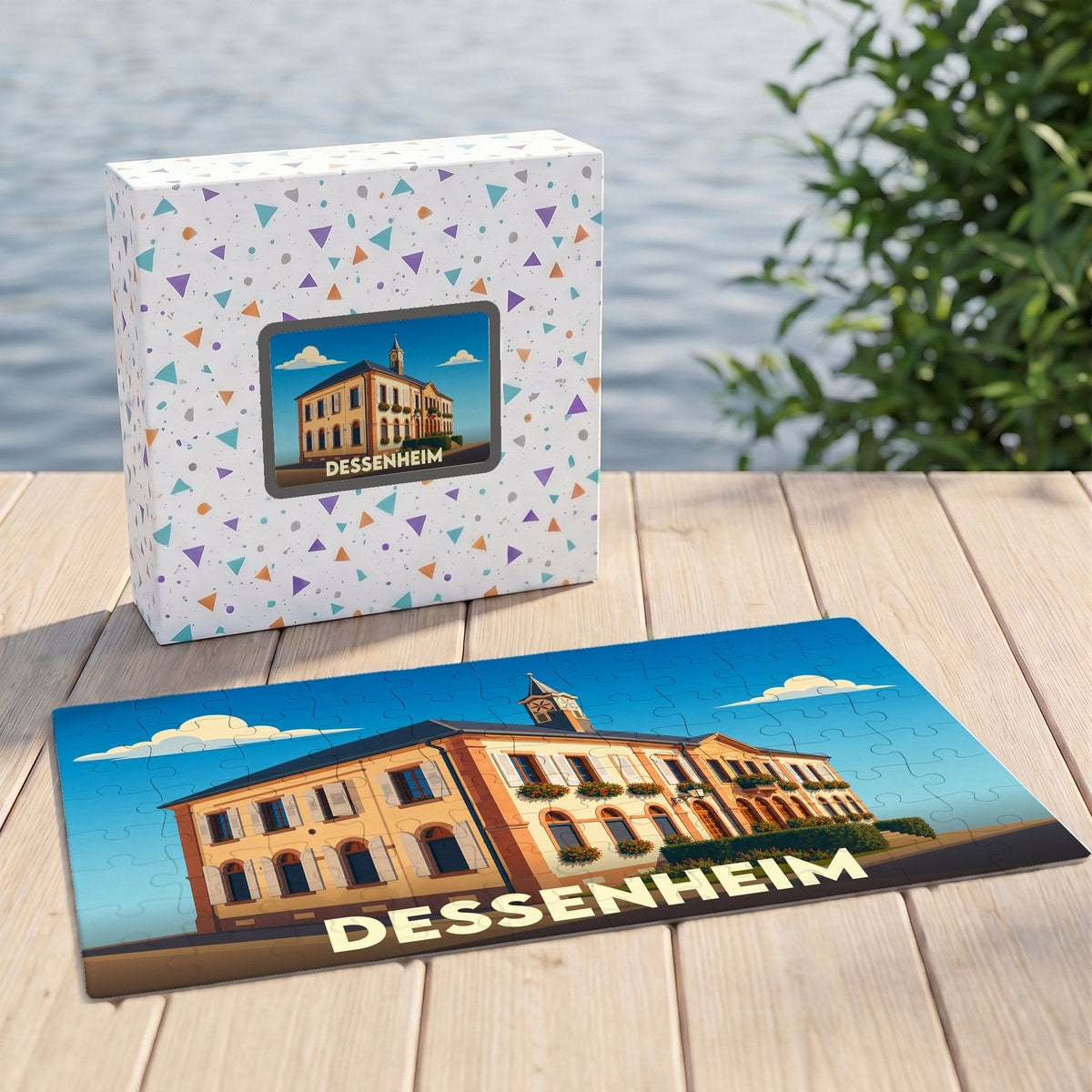 Puzzle souvenir de la ville de Dessenheim avec une illustration stylisée d'un bâtiment emblématique.
