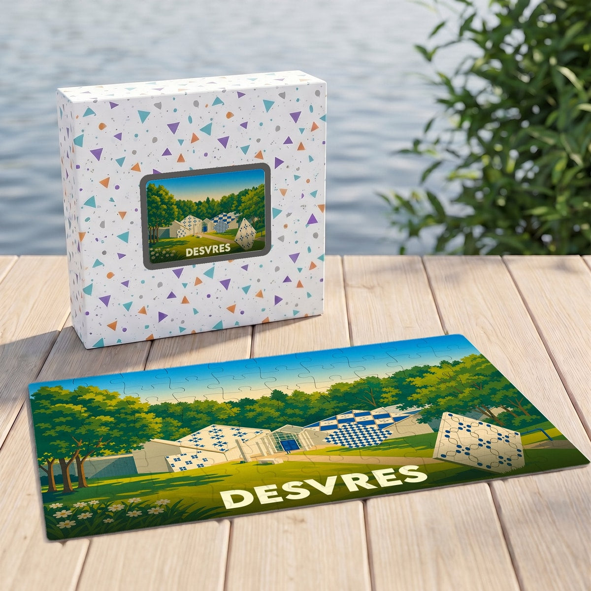 Puzzle souvenir de la ville de Desvres avec une illustration stylisée d'un paysage verdoyant.