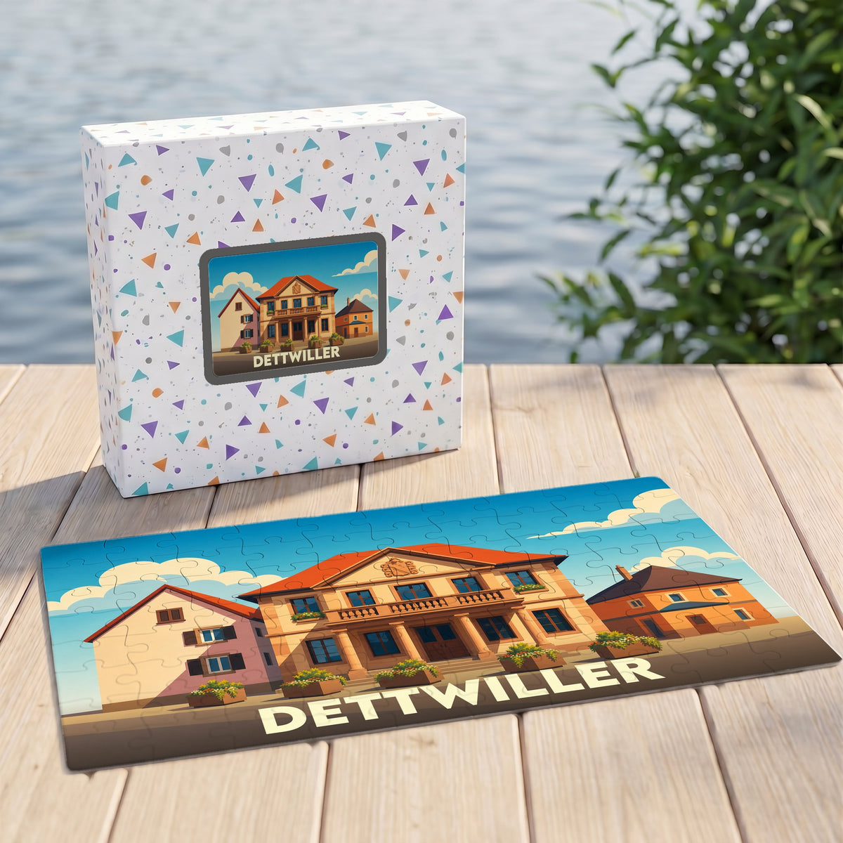 Puzzle souvenir de la ville de Dettwiller représentant une illustration stylisée de son architecture locale.