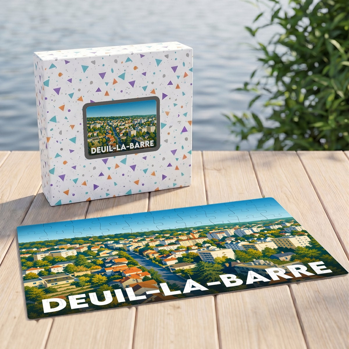 Puzzle souvenir de la ville de Deuil-la-Barre avec son coffret assorti, illustrant une vue aérienne colorée.