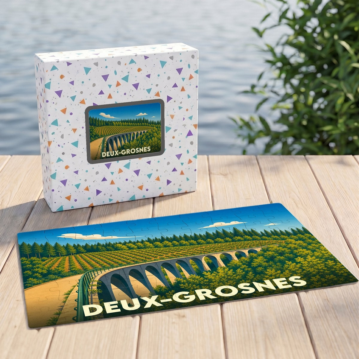 Puzzle souvenir de la commune de Deux-Grosnes illustré d'un viaduc dans un paysage verdoyant.