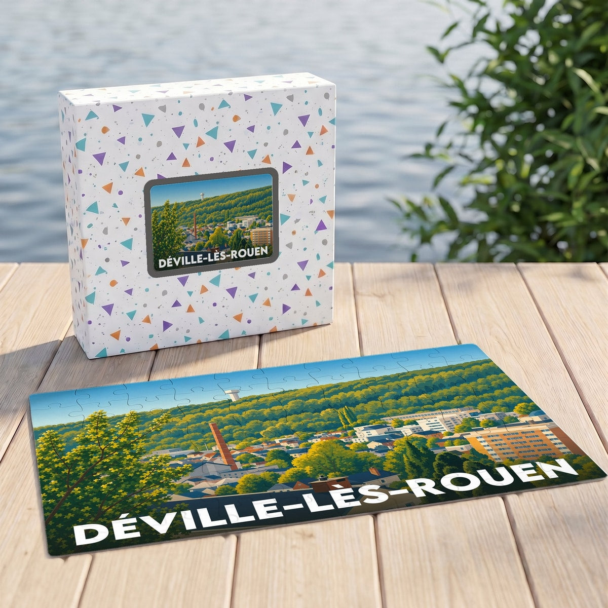 Puzzle souvenir de la ville de Déville-lès-Rouen avec une illustration stylisée et colorée.