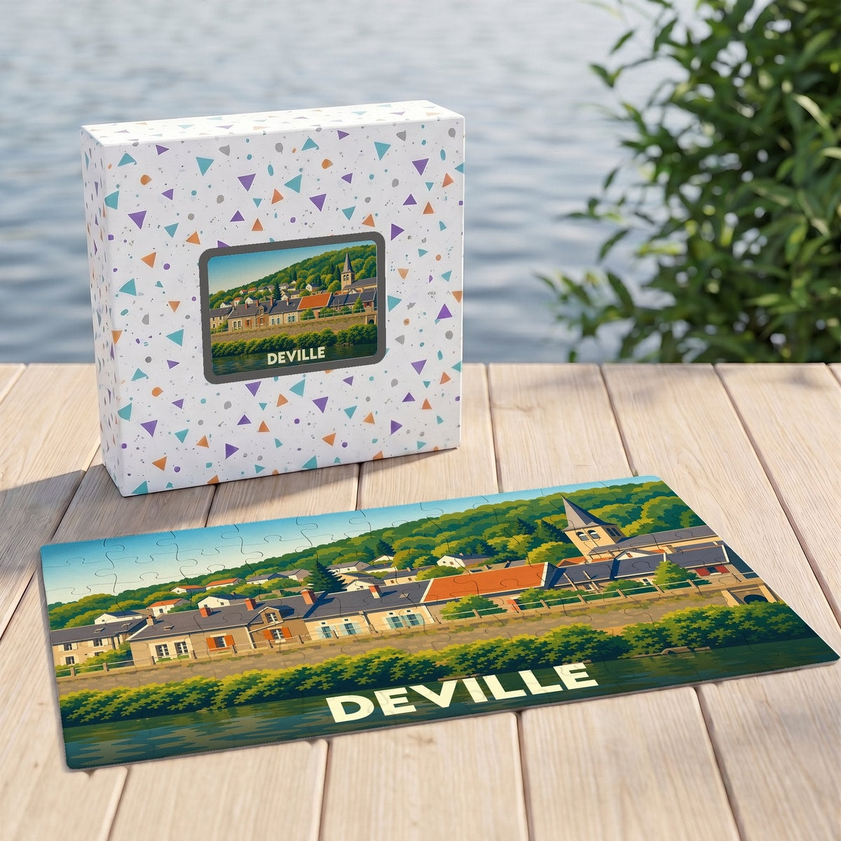 Puzzle souvenir de la ville de Deville illustré d'un paysage urbain au bord de l'eau.