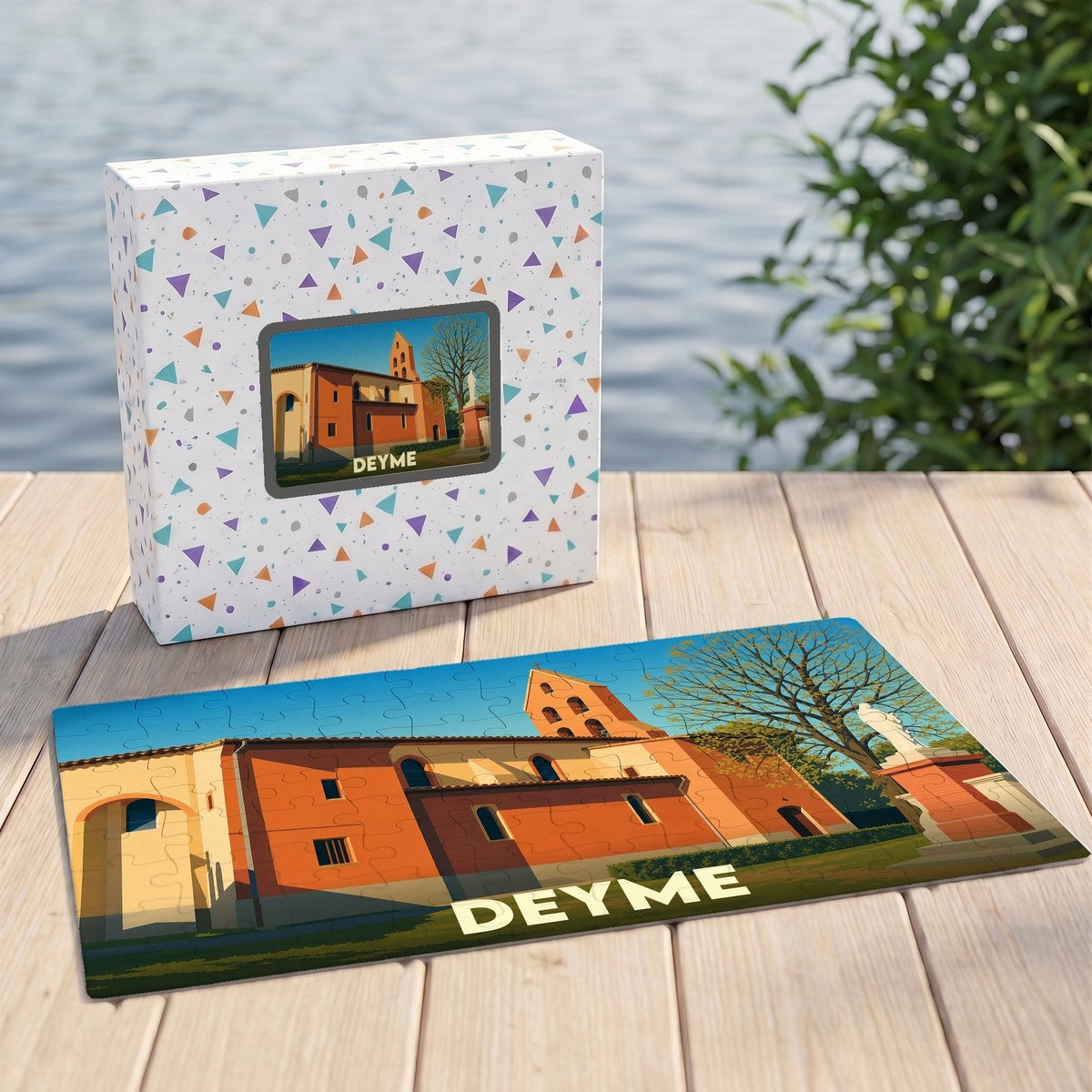 Puzzle souvenir de la ville de Deyme avec une illustration stylisée de son église.