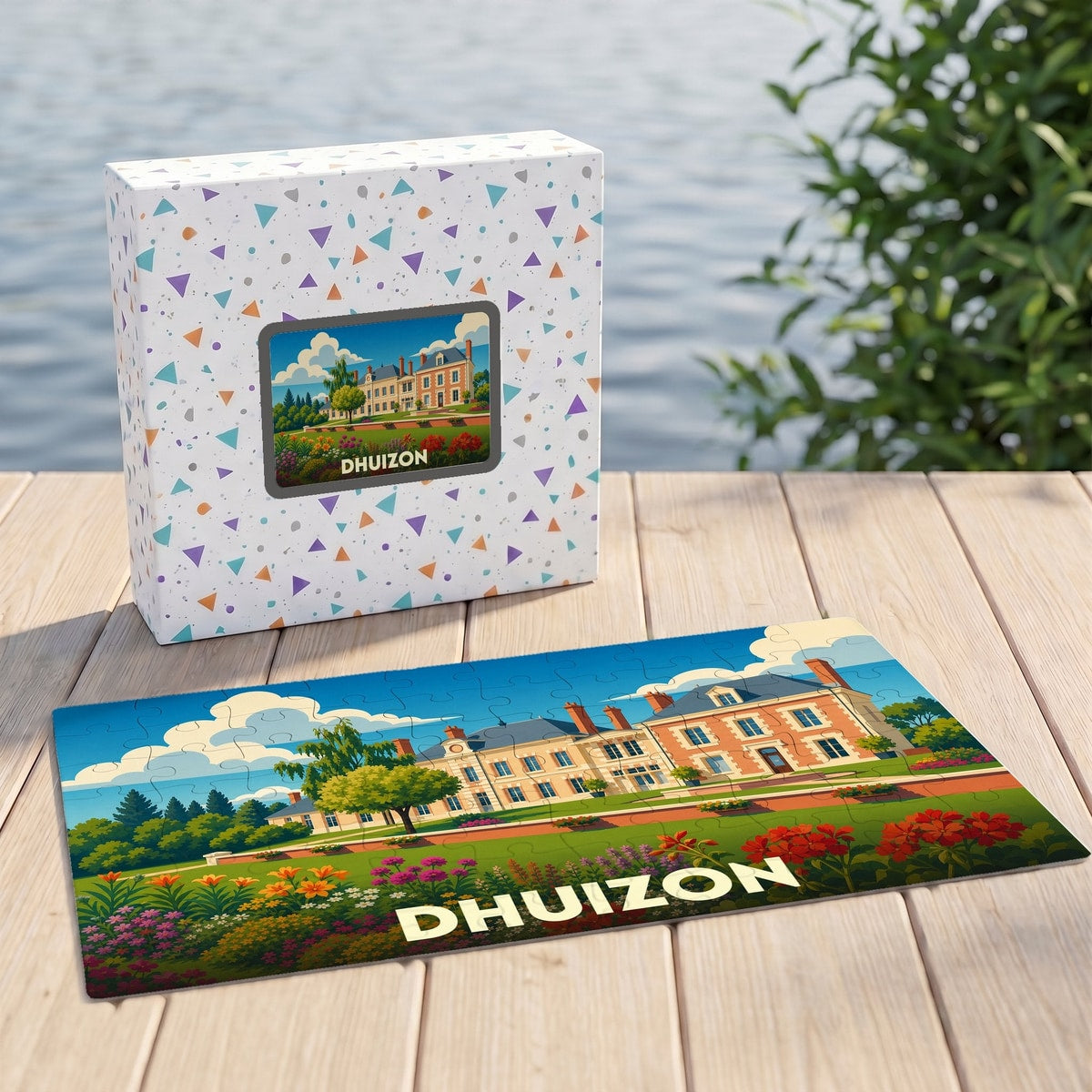 Puzzle souvenir de la ville de Dhuizon illustrant un château coloré dans son jardin.