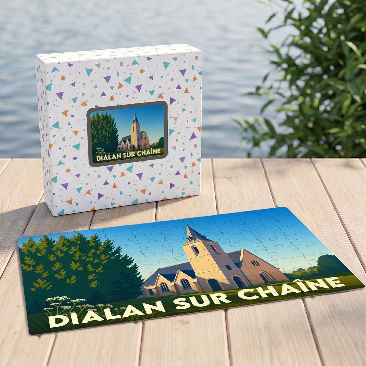 Puzzle souvenir de la ville de Dialan sur Chaîne avec une illustration stylisée d'une église.
