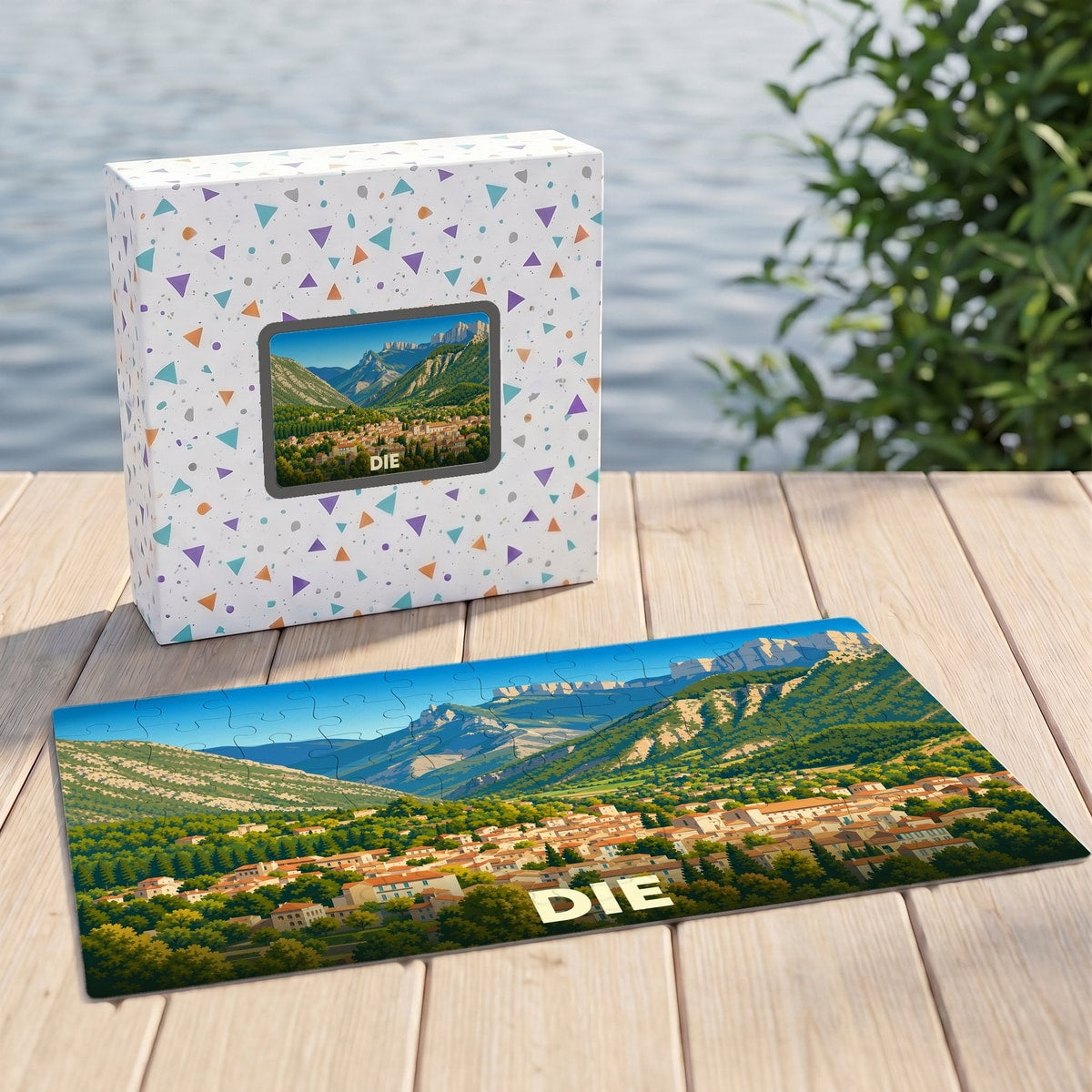 Puzzle souvenir de la ville de Die illustrant un paysage de vallée montagneuse.