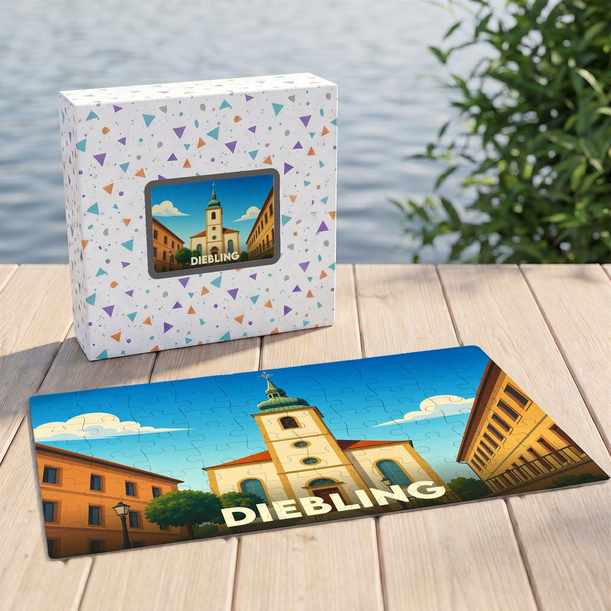 Puzzle souvenir de la ville de Diebling avec une illustration stylisée de son église.