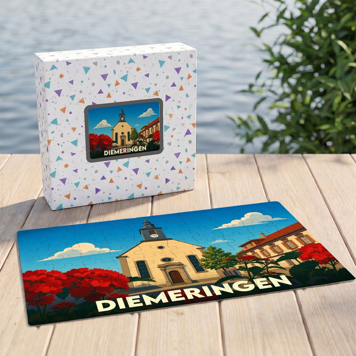 Puzzle souvenir de la ville de Diemeringen avec une illustration stylisée d'une église et de fleurs rouges.
