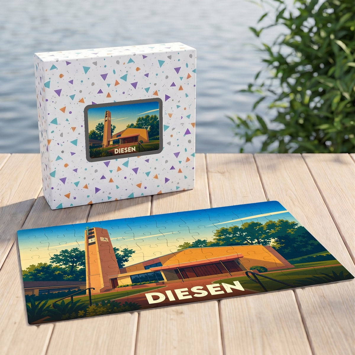 Puzzle souvenir de la ville de Diesen avec une illustration stylisée d'une église locale.