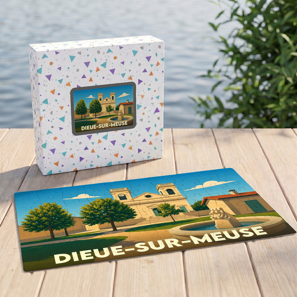 Puzzle souvenir de la ville de Dieue-sur-Meuse avec une illustration stylisée de son église et d'une fontaine.