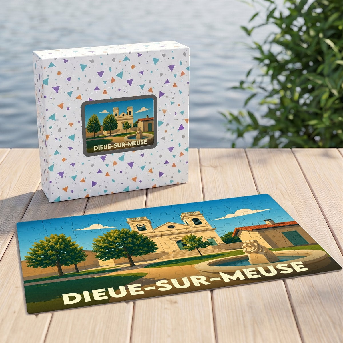 Puzzle souvenir de la ville de Dieue-sur-Meuse avec une illustration stylisée de son église et d'une fontaine.