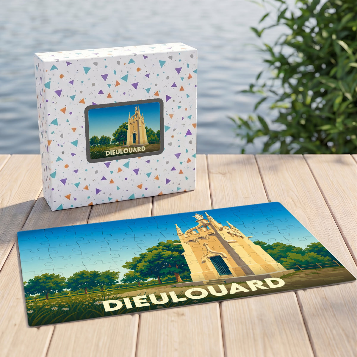 Puzzle souvenir de la ville de Dieulouard avec une illustration stylisée.