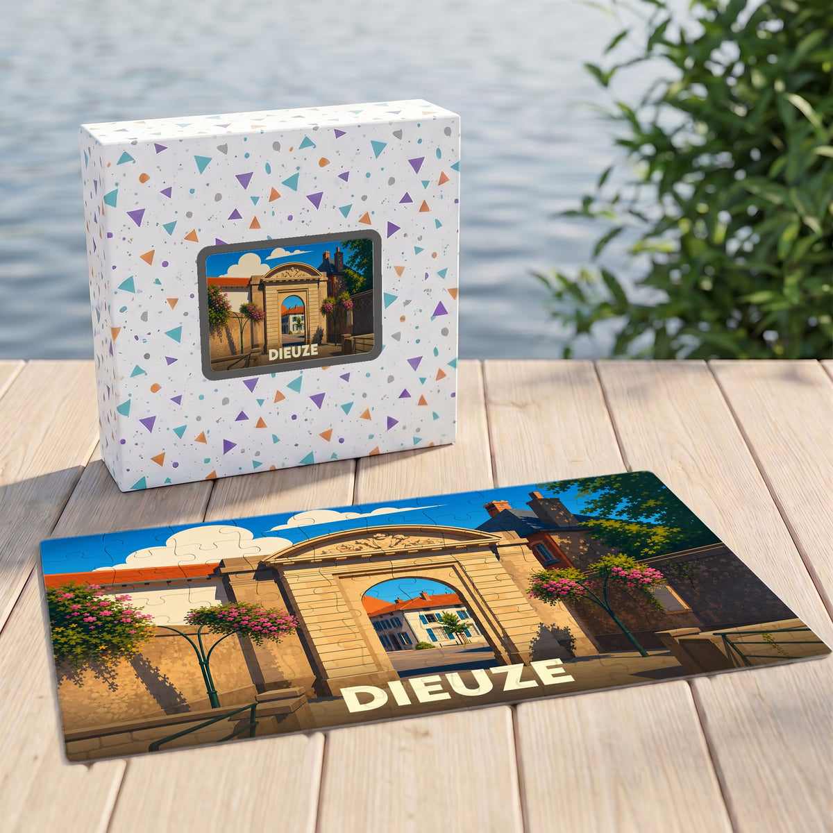 Puzzle souvenir de la ville de Dieuze avec une illustration stylisée d'une porte historique.