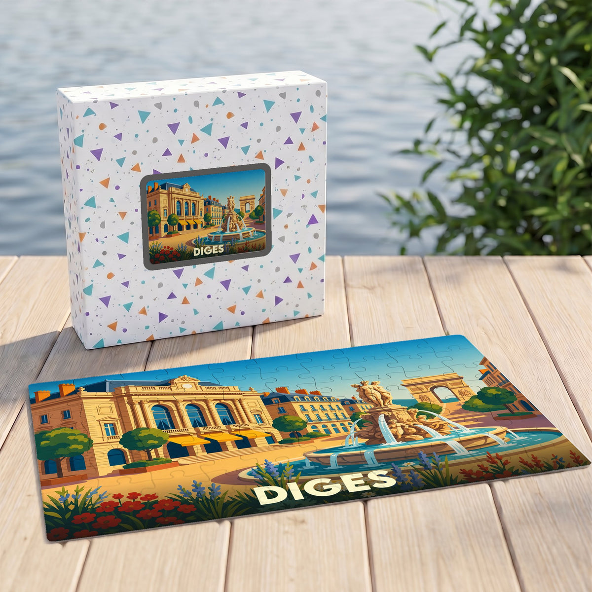Puzzle souvenir de la ville de Diges avec une illustration stylisée d'une place animée et sa fontaine.