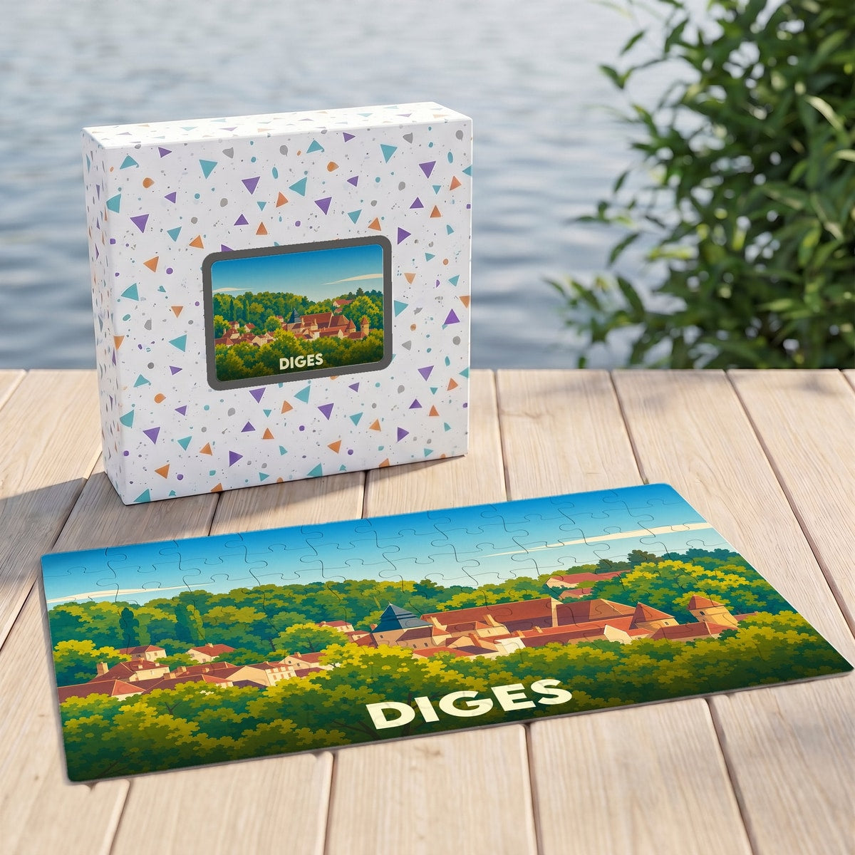 Puzzle souvenir de la ville de Diges avec une illustration stylisée de ses paysages et toitures.