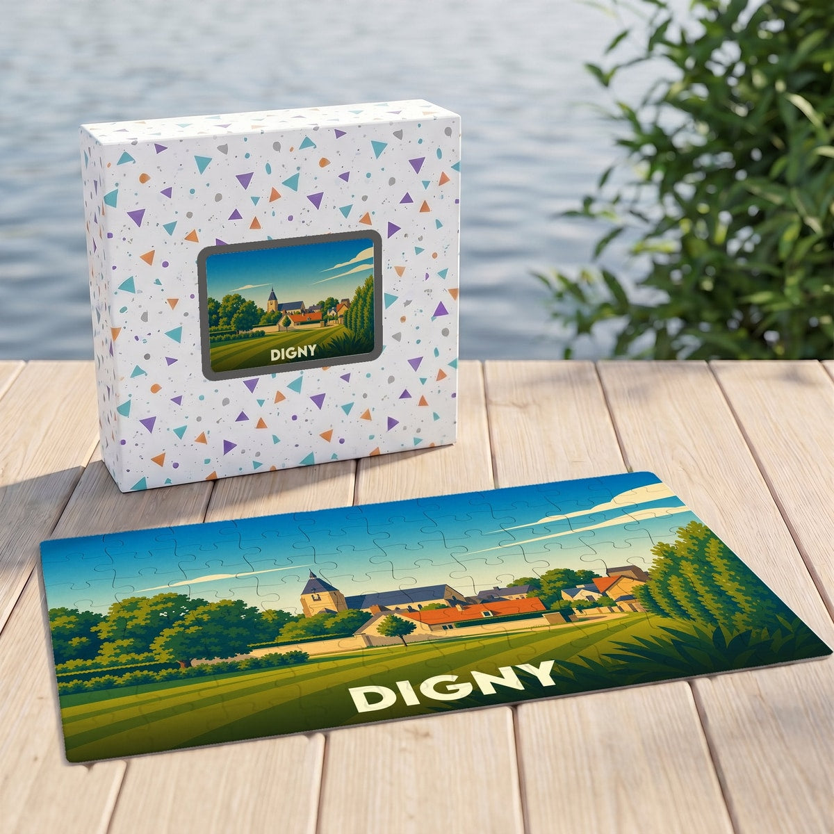 Puzzle souvenir de la ville de Digny avec une illustration paysagère stylisée.