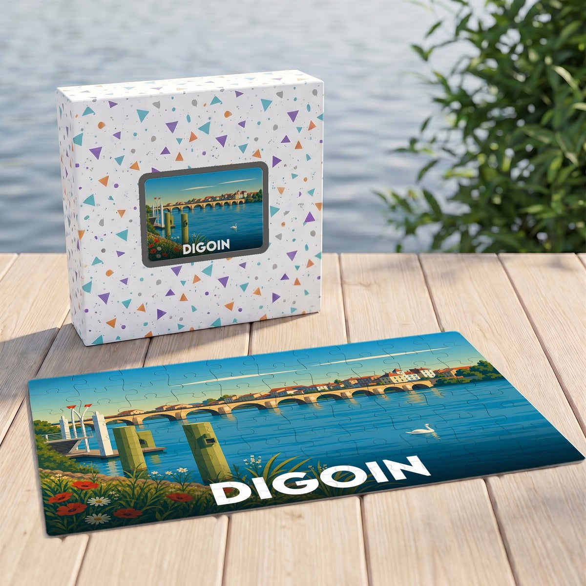 Puzzle souvenir de la ville de Digoin avec une illustration stylisée d'un pont sur un cours d'eau.