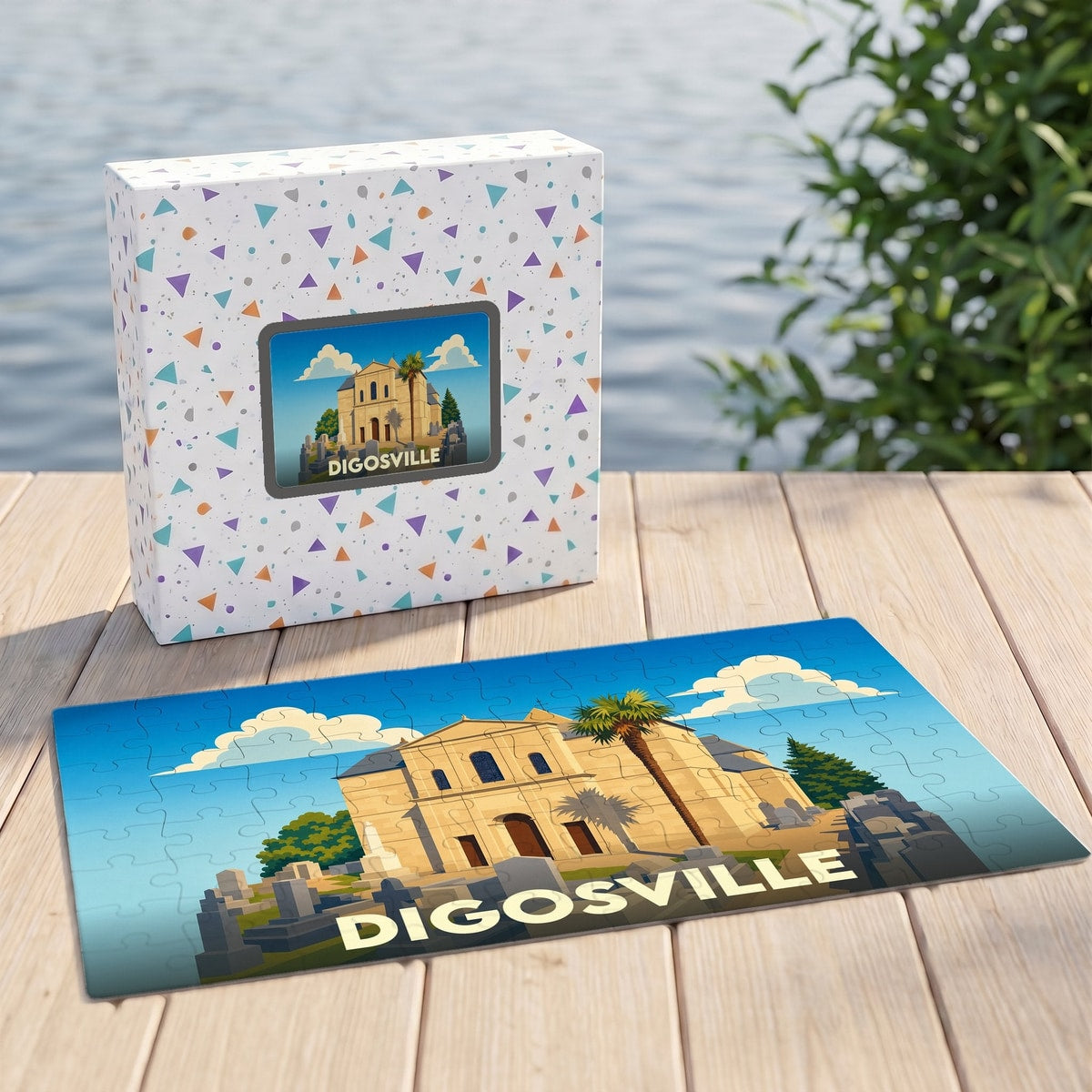 Puzzle souvenir de la ville de Digosville avec une illustration stylisée d'un bâtiment historique.