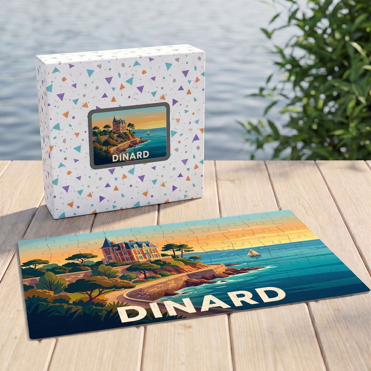 Puzzle souvenir de la ville de Dinard représentant une villa côtière avec une illustration stylisée.
