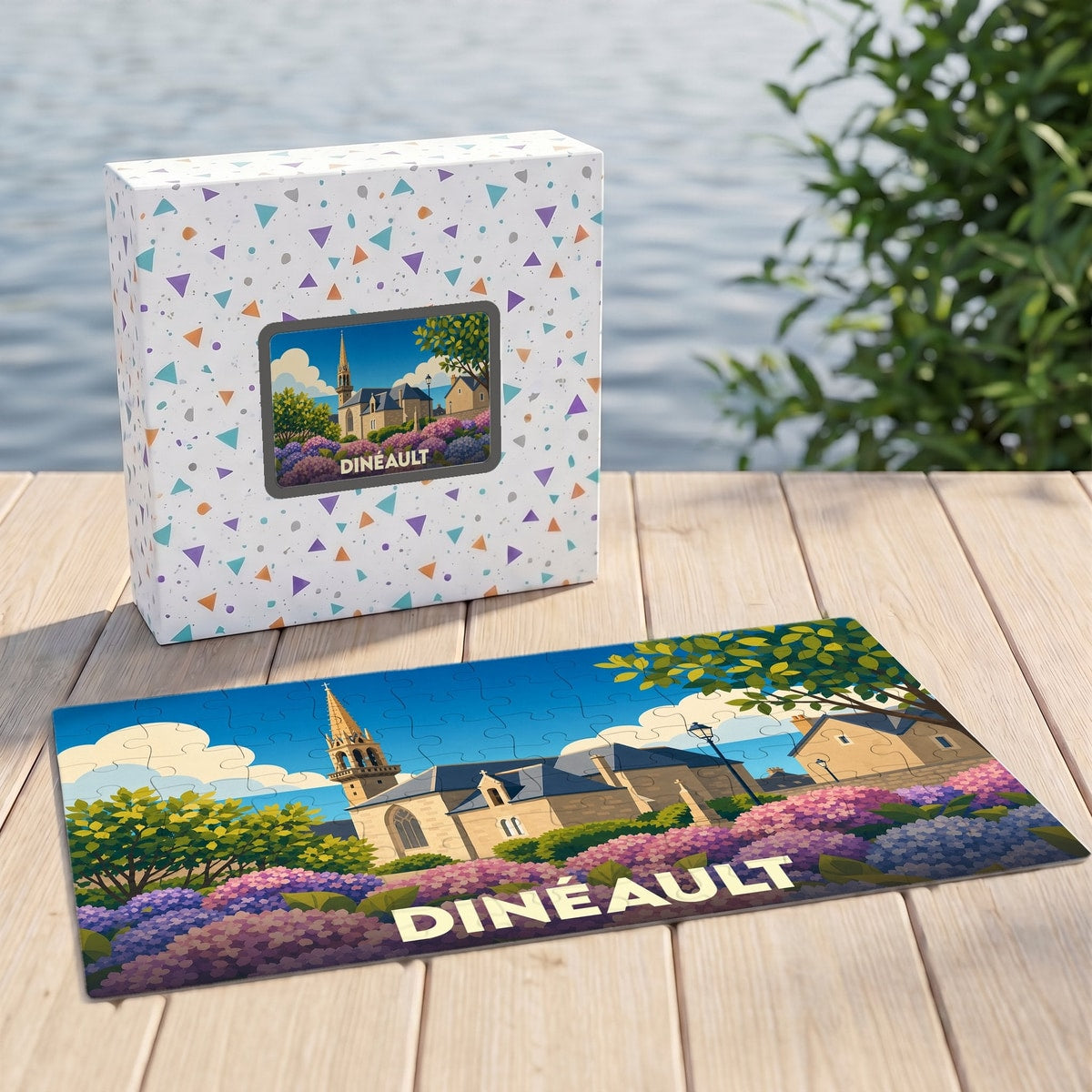 Puzzle souvenir de la ville de Dinéault avec une illustration colorée de son église et de parterres d'hortensias.
