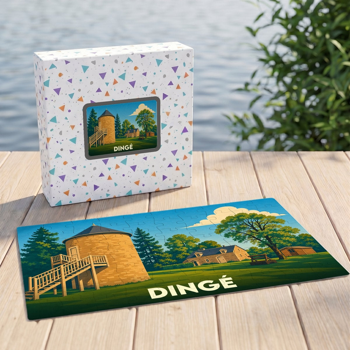 Puzzle souvenir de la ville de Dingé avec une illustration stylisée d'un moulin et d'un paysage rural.