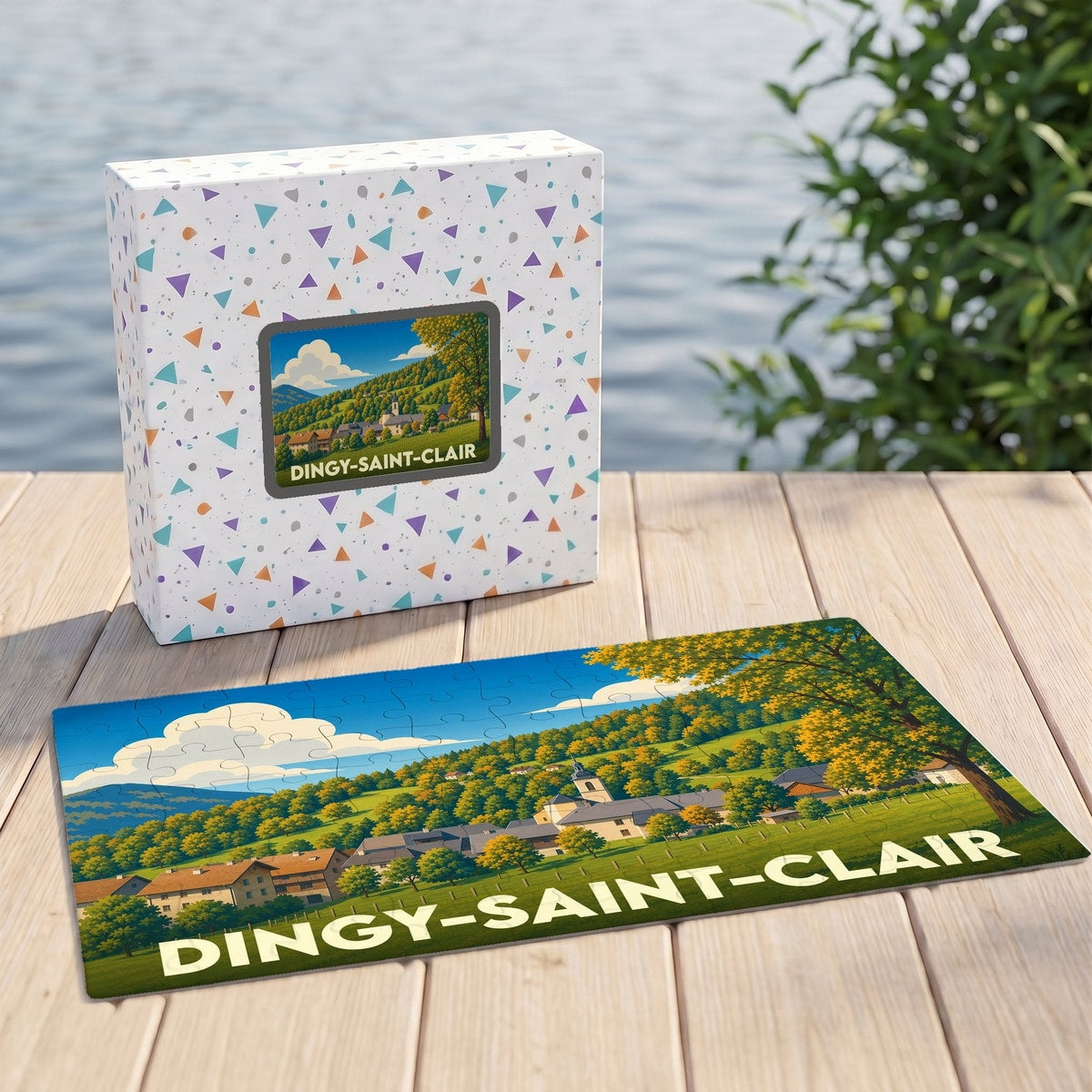 Puzzle souvenir de la ville de Dingy-Saint-Clair avec une illustration paysagère colorée.