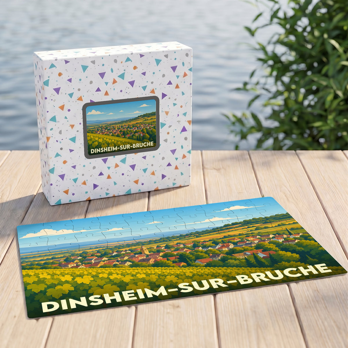 Puzzle souvenir de la ville de Dinsheim-sur-Bruche avec une illustration stylisée de son paysage.