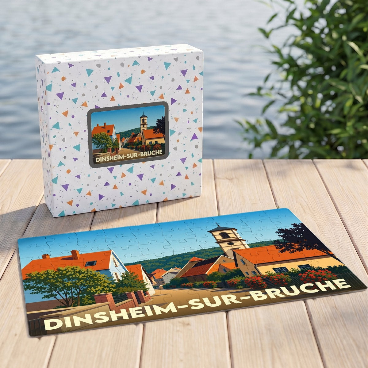 Puzzle souvenir de la ville de Dinsheim-sur-Bruche avec une illustration stylisée.