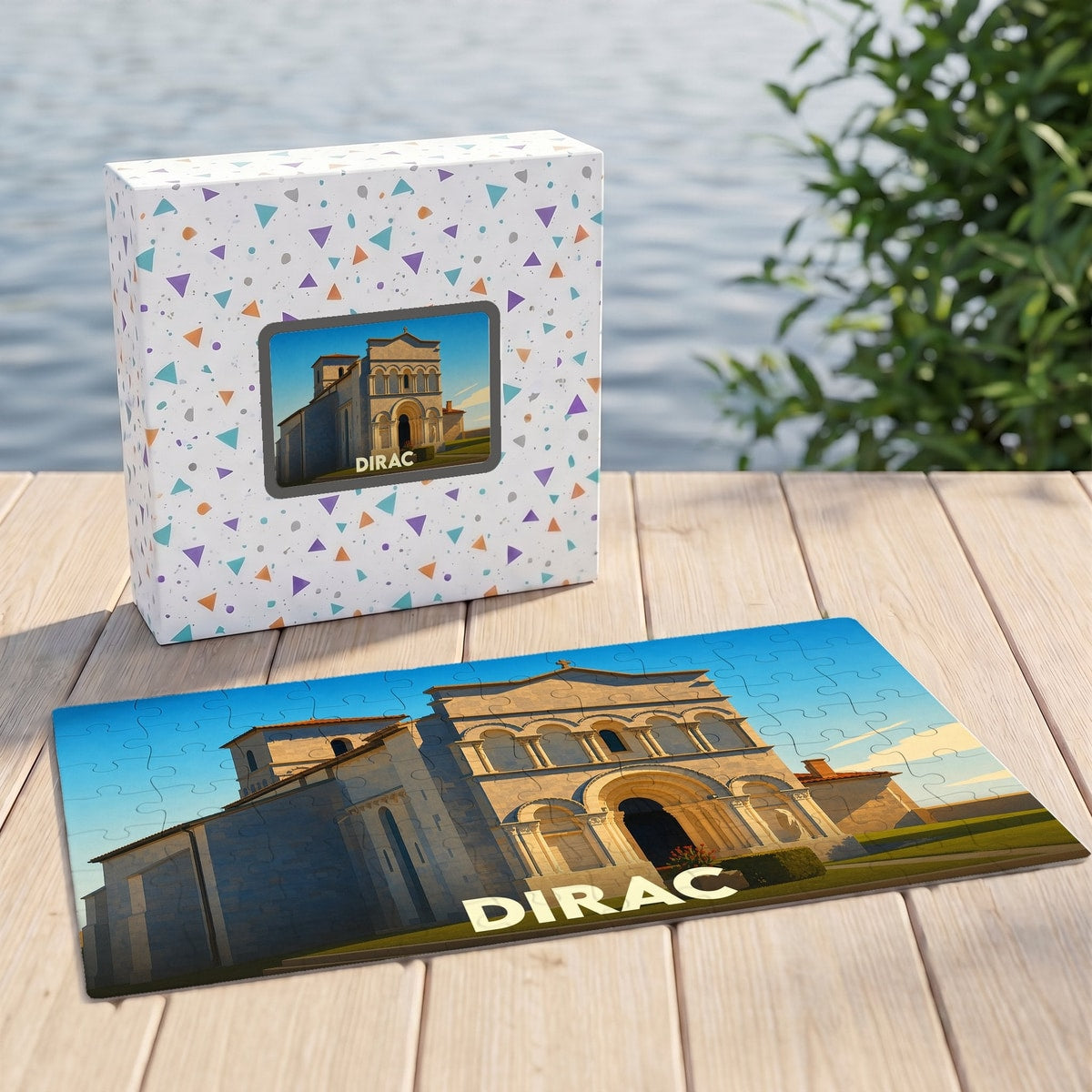 Puzzle souvenir de la ville de Dirac avec une illustration stylisée de son église romane.